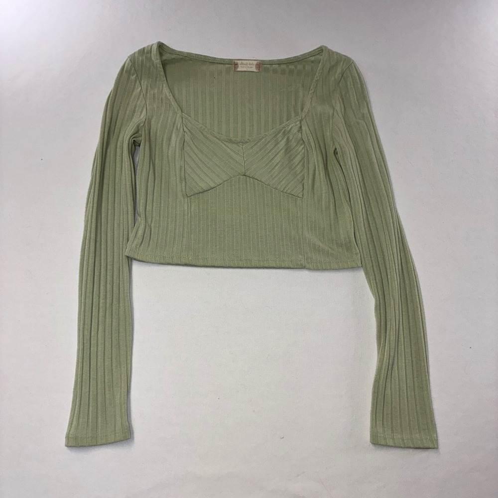 622 Boho Altard State Ribbed Crop Top S Green Sweetheart Neck Long Sleeve